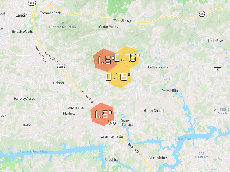 Hail map of Granite Falls, NC on Jul 4, 2026, hail up to 1.5"