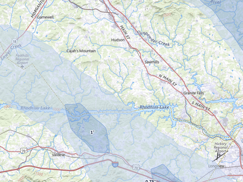 NEXRAD radar-signature map of the hail storm over Granite Falls, NC on Jul 28, 2026