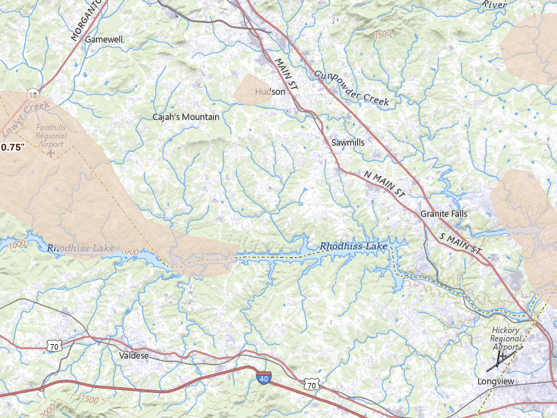 Radar-estimated hail-size map of the storm over Granite Falls, NC on Aug 17, 2026