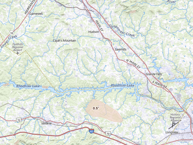 Radar-estimated hail-size map of the storm over Granite Falls, NC on Aug 22, 2026