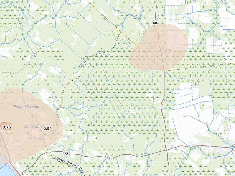 Radar-estimated hail-size map of the storm over Grantsboro, NC