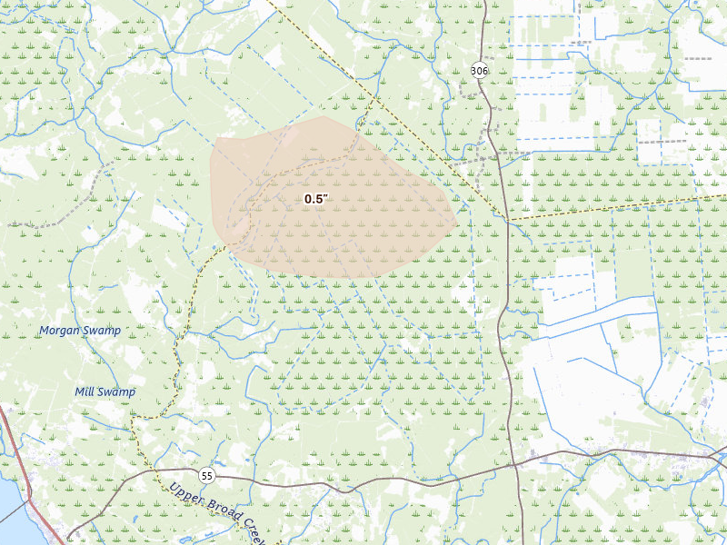 Radar-estimated hail-size map of the storm over Grantsboro, NC on Jun 27, 2026