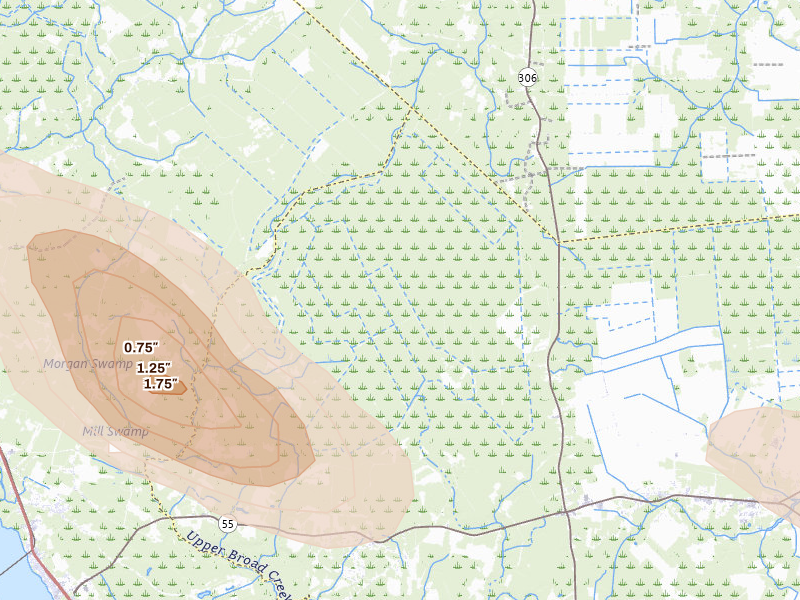 Radar-estimated hail-size map of the storm over Grantsboro, NC on Jul 8, 2026