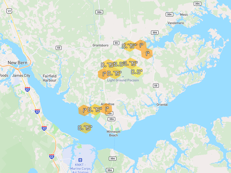 Hail map of Grantsboro, NC on Jul 8, 2026, hail up to 1"