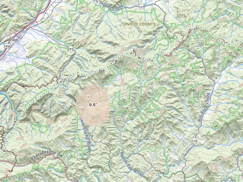 Radar-estimated hail-size map of the storm over Green Mountain, NC on Sep 5, 2026