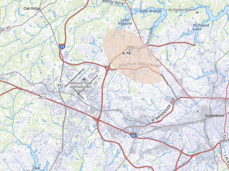 Radar-estimated hail-size map of the storm over Greensboro, NC on Jul 20, 2026