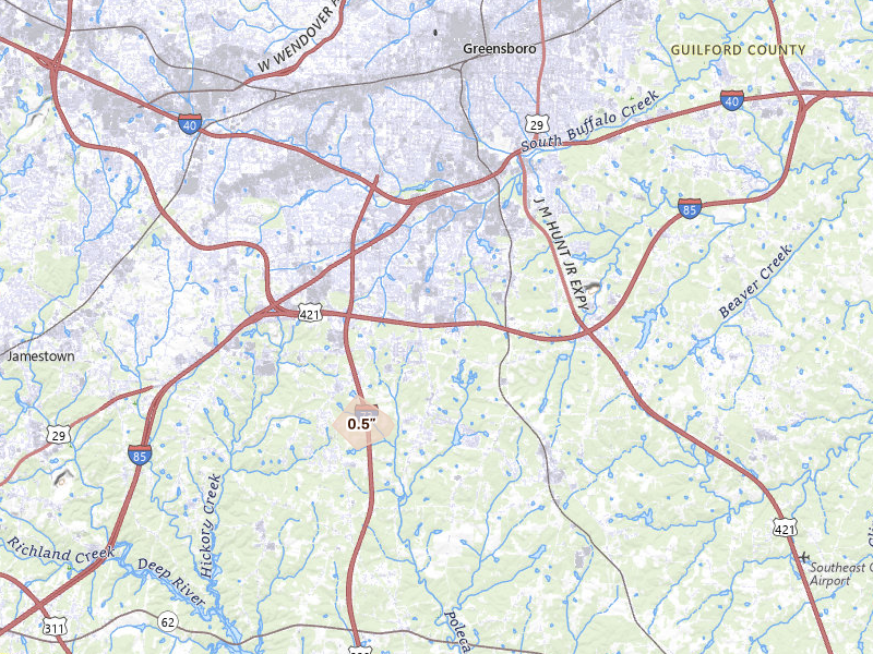 Radar-estimated hail-size map of the storm over Greensboro, NC on Aug 8, 2026