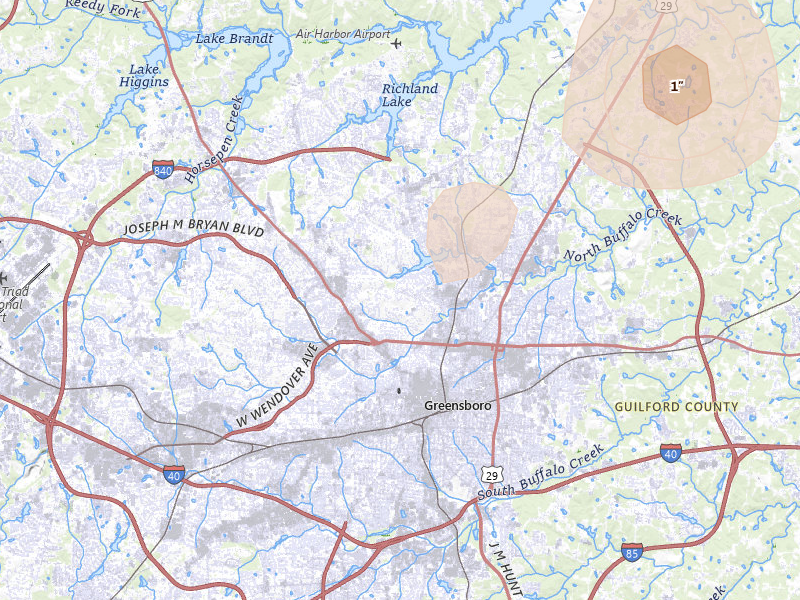 Radar-estimated hail-size map of the storm over Greensboro, NC on Aug 9, 2026