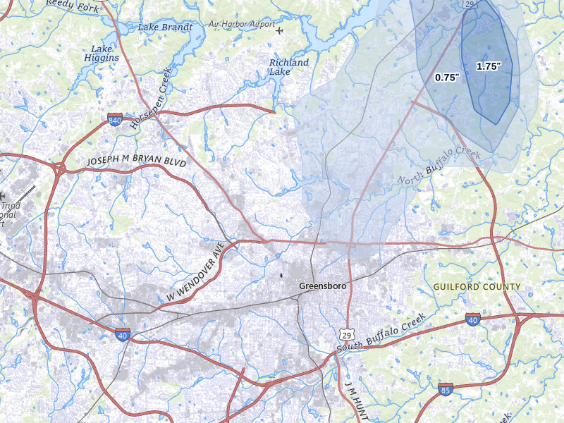 NEXRAD radar-signature map of the hail storm over Greensboro, NC on Aug 9, 2026