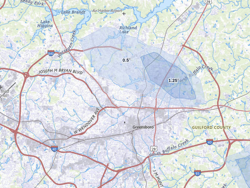 NEXRAD radar-signature map of the hail storm over Greensboro, NC on Aug 11, 2026