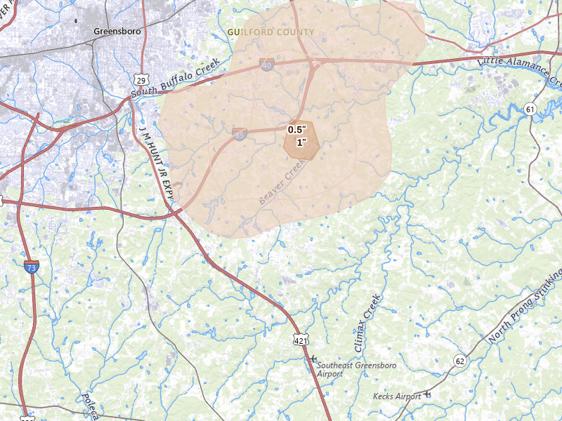Radar-estimated hail-size map of the storm over Greensboro, NC on Aug 16, 2026