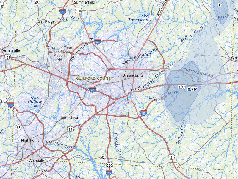 NEXRAD radar-signature map of the hail storm over Greensboro, NC on Aug 16, 2026