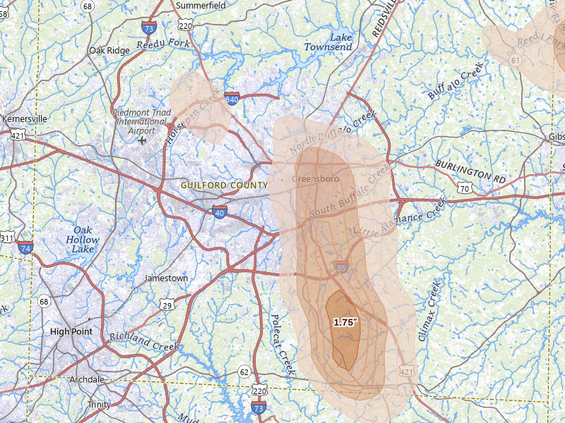 Radar-estimated hail-size map of the storm over Greensboro, NC