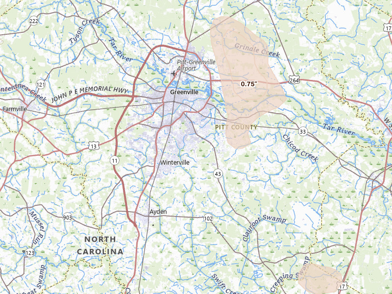 Radar-estimated hail-size map of the storm over Greenville, NC on Jul 8, 2026