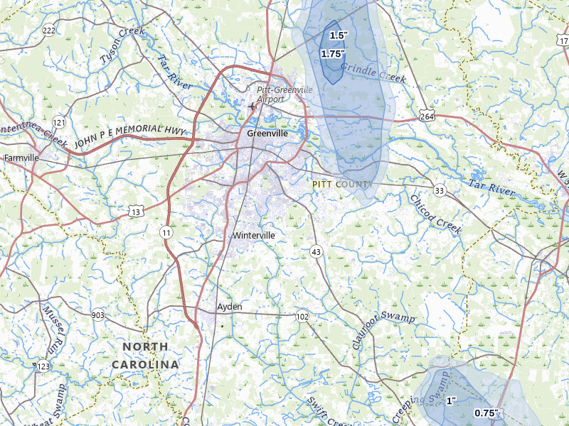 NEXRAD radar-signature map of the hail over Greenville, NC