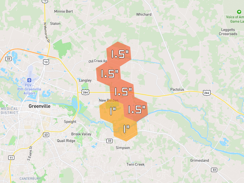 Hail map of Greenville, NC on Jul 8, 2026, hail up to 1.5"