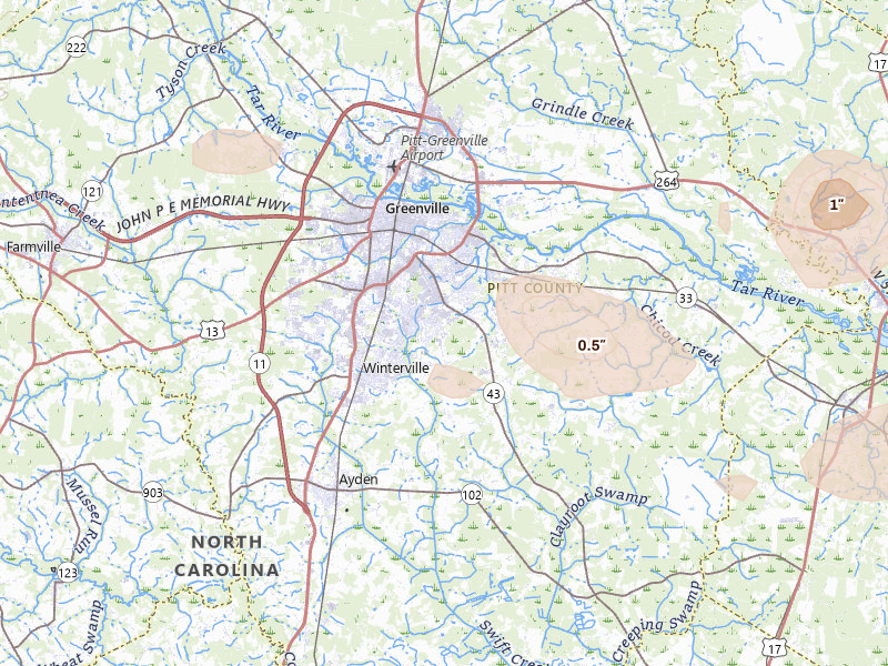 Radar-estimated hail-size map of the storm over Greenville, NC