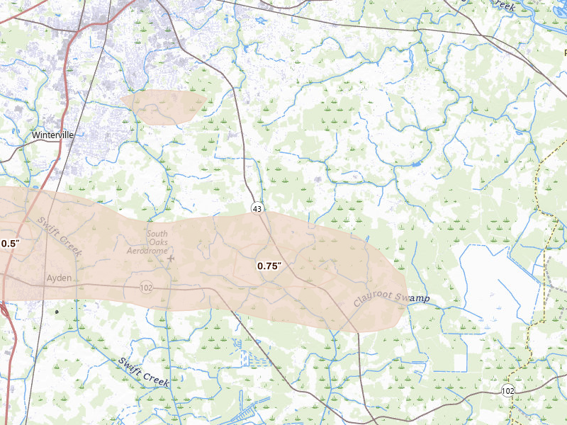 Radar-estimated hail-size map of the storm over Greenville, NC on Aug 10, 2026