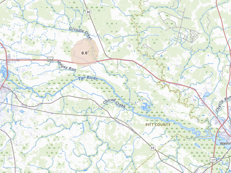 Radar-estimated hail-size map of the storm over Greenville, NC on Sep 4, 2026