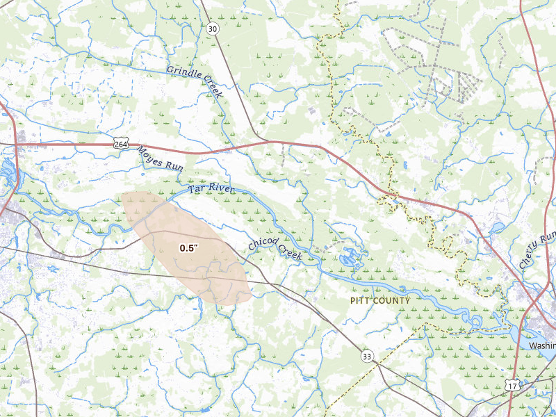 Radar-estimated hail-size map of the storm over Greenville, NC on Sep 5, 2026