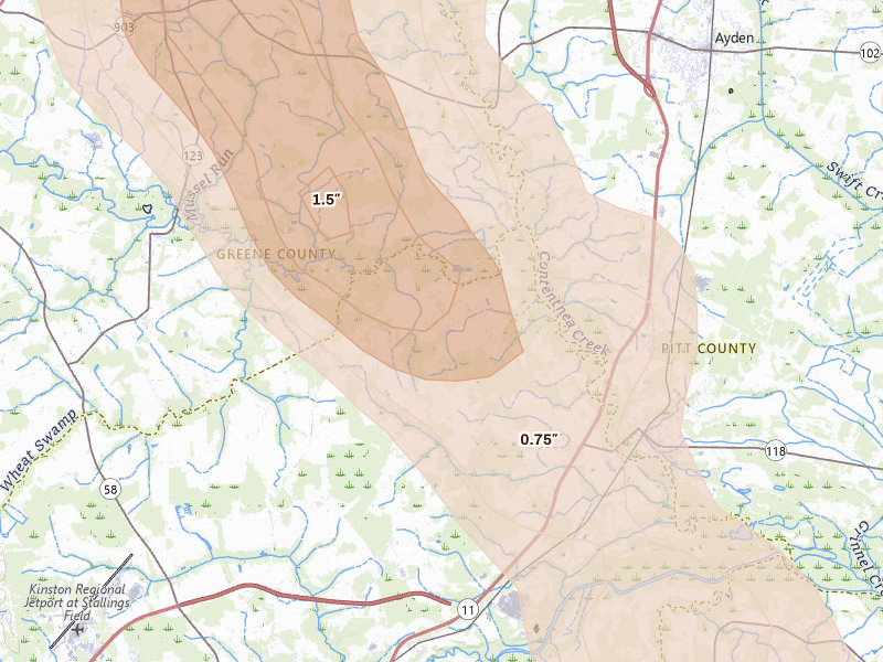 Radar-estimated hail-size map of the storm over Grifton, NC