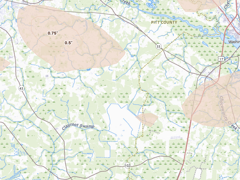 Radar-estimated hail-size map of the storm over Grimesland, NC