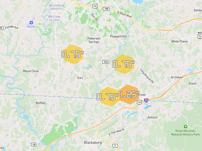 Hail map of Grover, NC on Jul 29, 2026, hail up to 1.25"