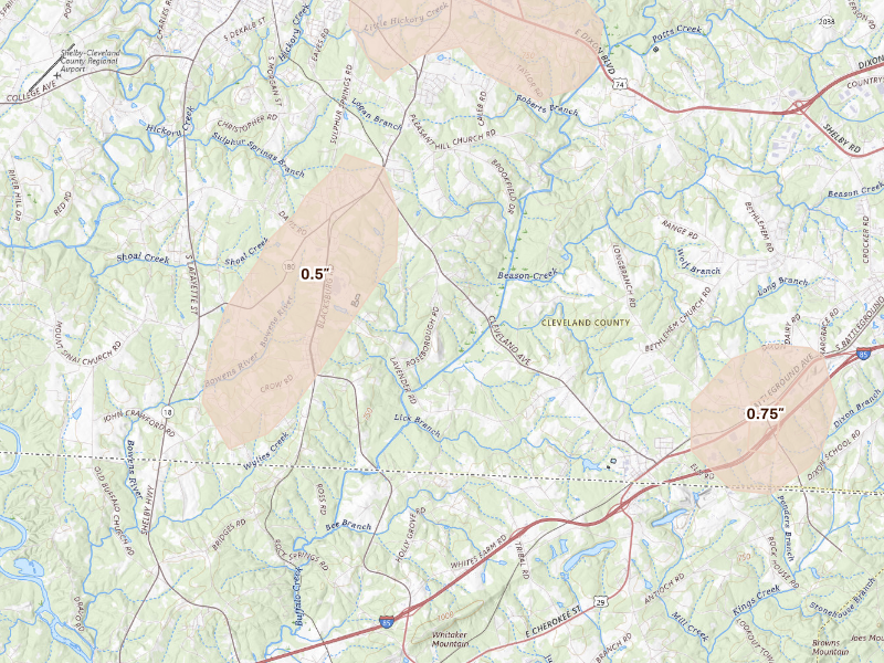 Radar-estimated hail-size map of the storm over Grover, NC