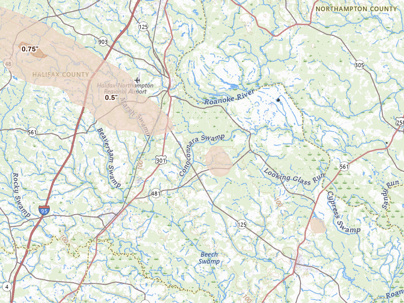 Radar-estimated hail-size map of the storm over Halifax, NC on May 27, 2026