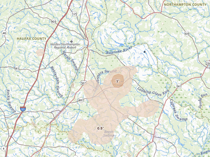 Radar-estimated hail-size map of the storm over Halifax, NC on Jul 6, 2026