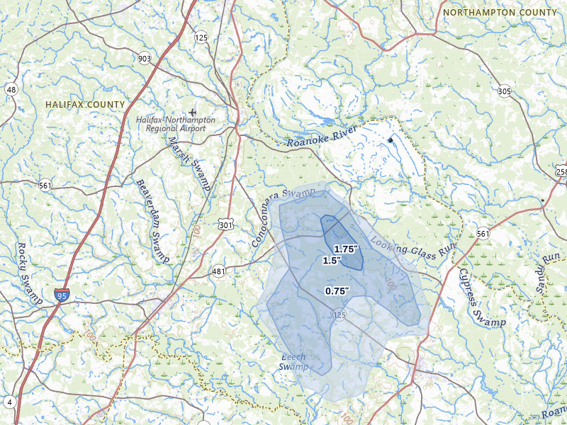 NEXRAD radar-signature map of the hail storm over Halifax, NC on Jul 6, 2026