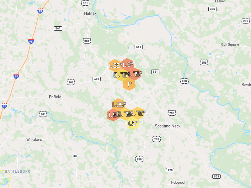 Hail map of Halifax, NC on Jul 6, 2026, hail up to 1.75"