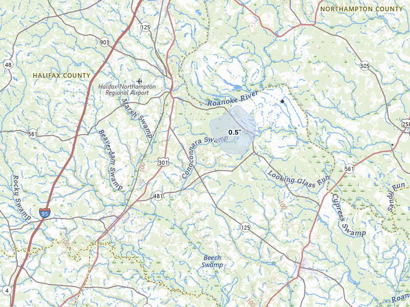 NEXRAD radar-signature map of the hail storm over Halifax, NC on Jul 28, 2026