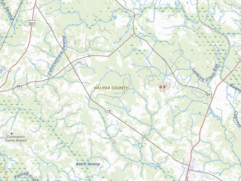 Radar-estimated hail-size map of the storm over Halifax, NC on Aug 20, 2026