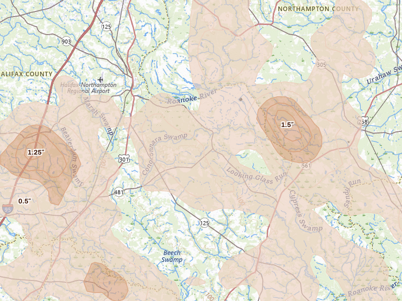 Radar-estimated hail-size map of the storm over Halifax, NC