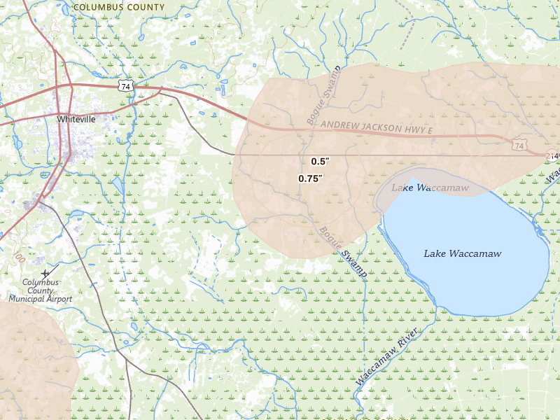 Radar-estimated hail-size map of the storm over Hallsboro, NC on Aug 21, 2026