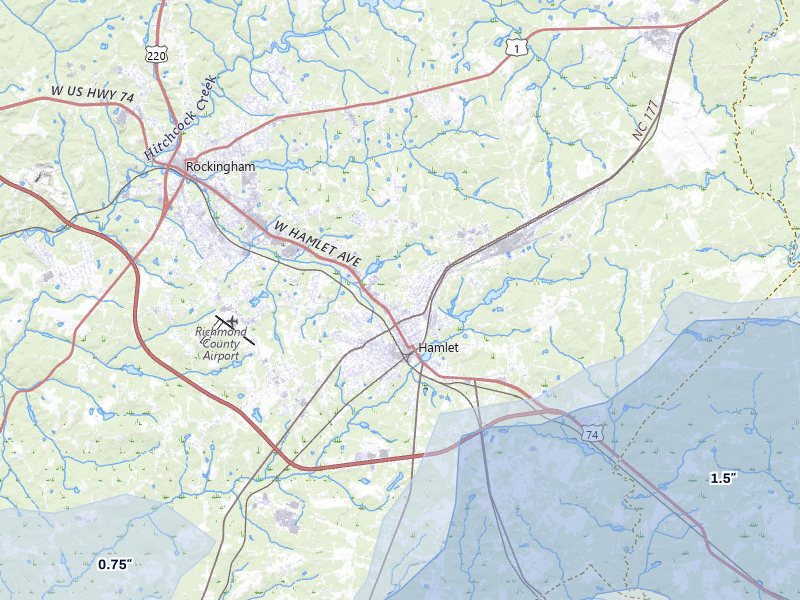 NEXRAD radar-signature map of the hail over Hamlet, NC