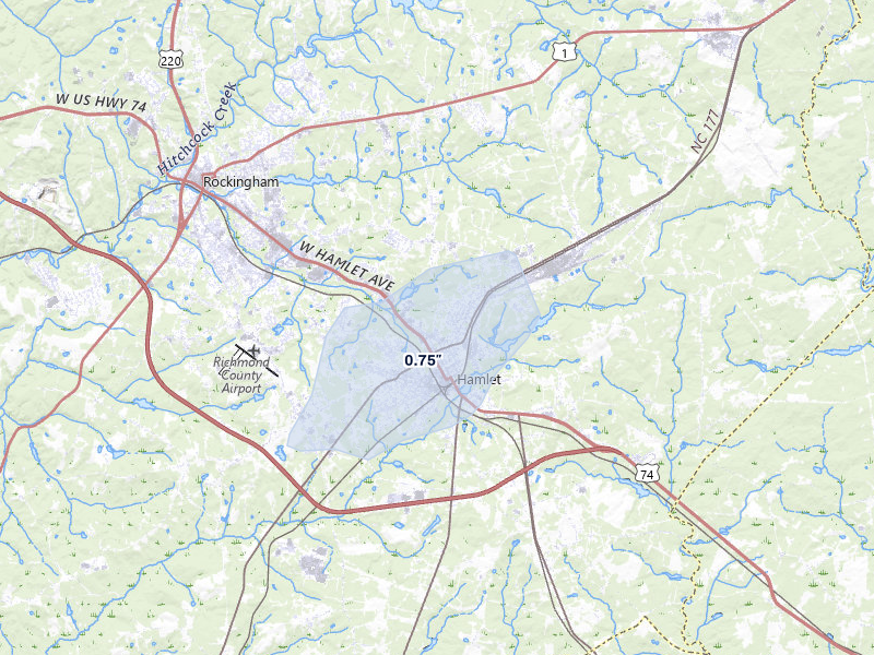 NEXRAD radar-signature map of the hail over Hamlet, NC