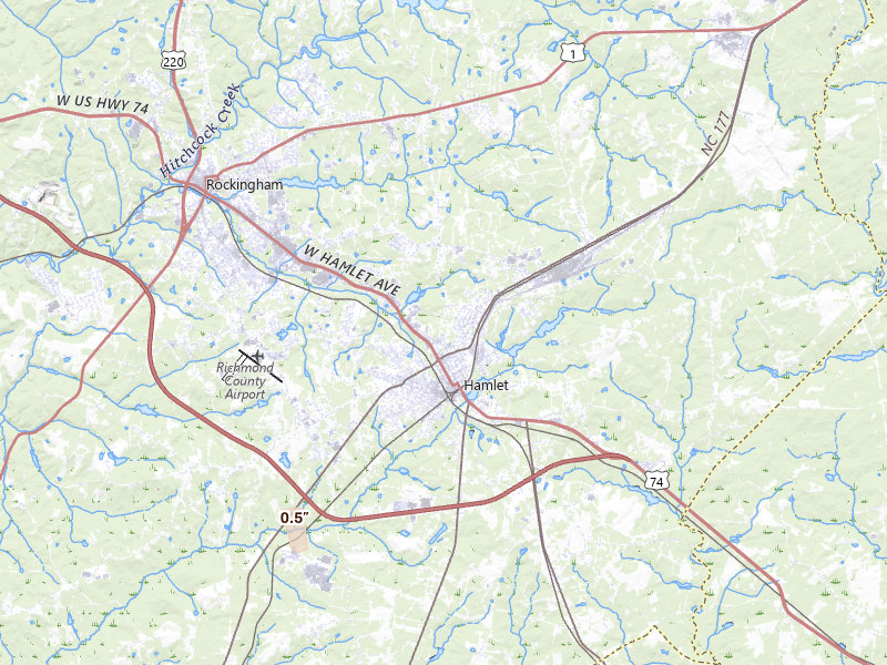 Radar-estimated hail-size map of the storm over Hamlet, NC on Aug 16, 2026