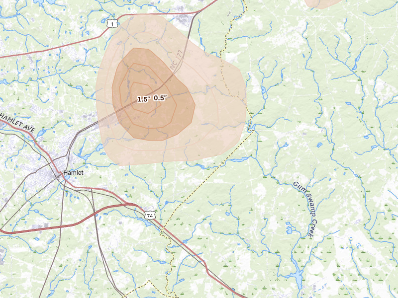 Radar-estimated hail-size map of the storm over Hamlet, NC on Aug 21, 2026