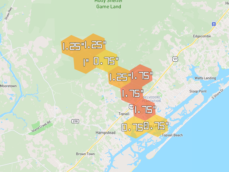 Hail map of Hampstead, NC on Jul 8, 2026, hail up to 1.75"