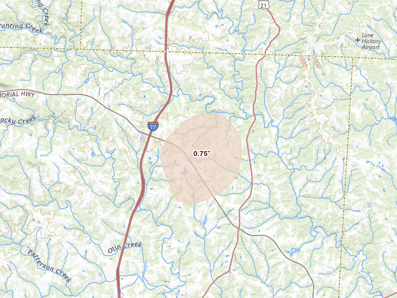 Radar-estimated hail-size map of the storm over Hamptonville, NC on Jun 22, 2026