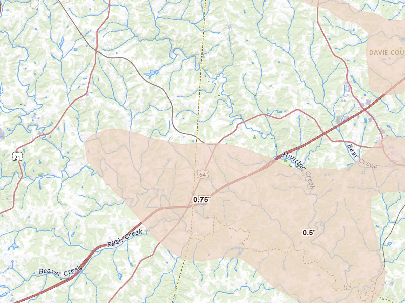 Radar-estimated hail-size map of the storm over Harmony, NC on Aug 11, 2026
