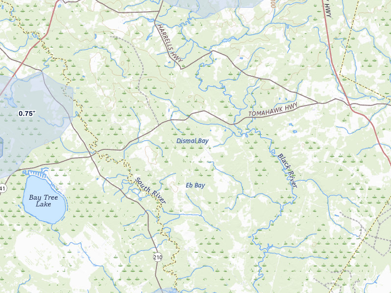 NEXRAD radar-signature map of the hail storm over Harrells, NC on Jul 5, 2026