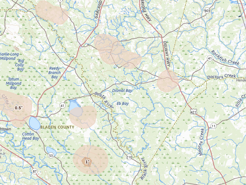 Radar-estimated hail-size map of the storm over Harrells, NC on Aug 11, 2026