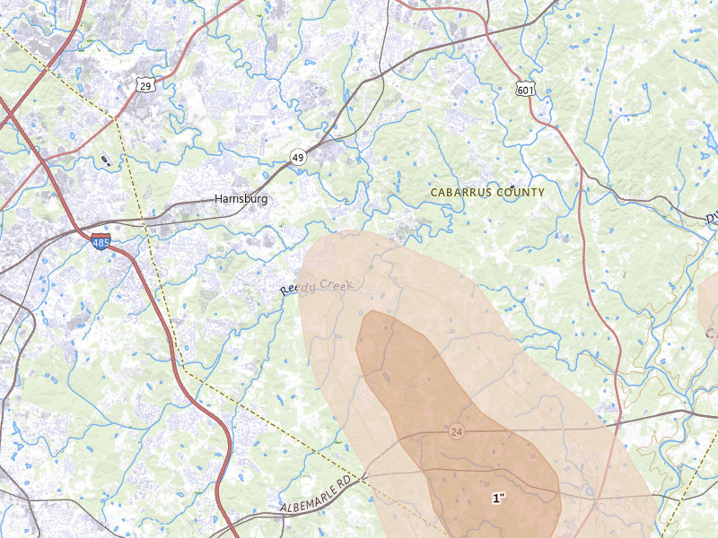 Radar-estimated hail-size map of the storm over Harrisburg, NC on Aug 11, 2026