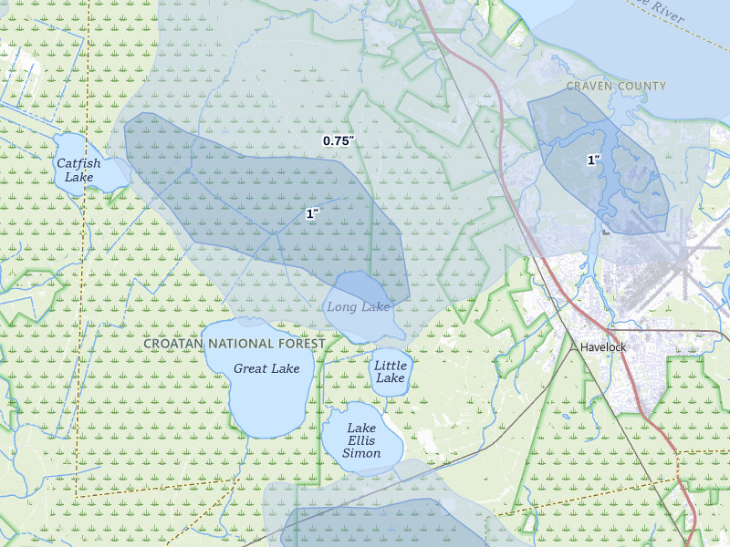NEXRAD radar-signature map of the hail over Havelock, NC