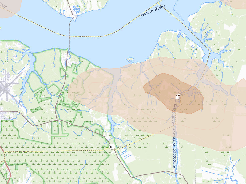 Radar-estimated hail-size map of the storm over Havelock, NC on Aug 24, 2026