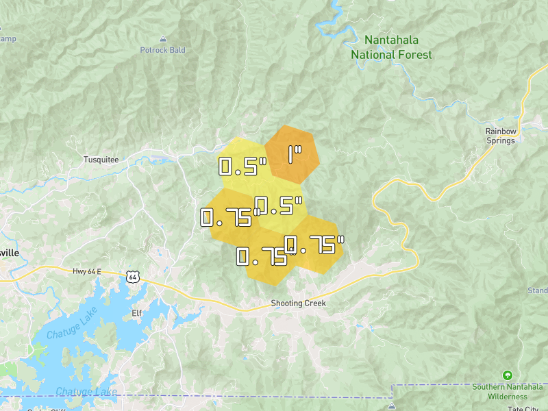 Hail map of Hayesville, NC on Jun 30, 2026, hail up to 1"