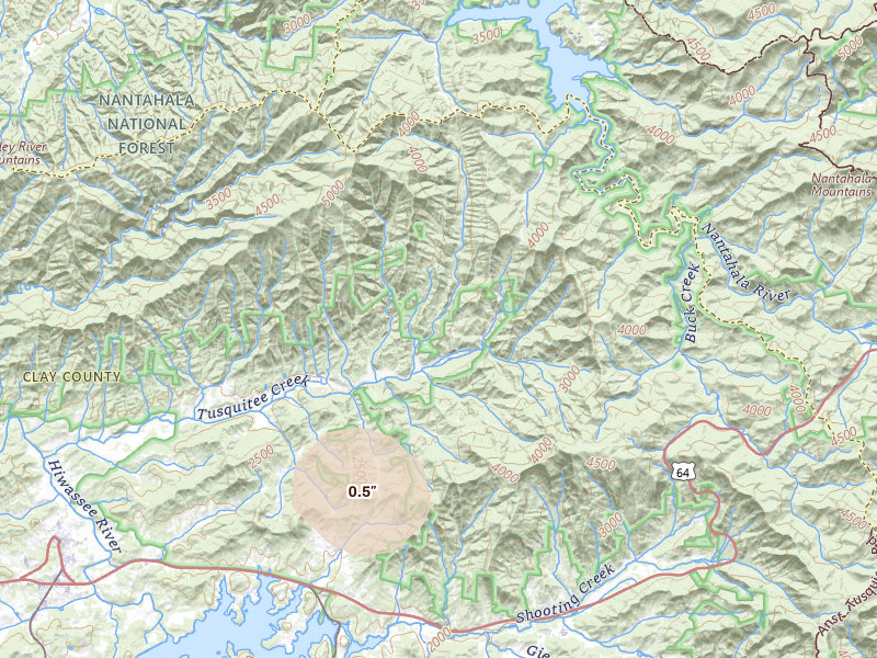 Radar-estimated hail-size map of the storm over Hayesville, NC on Jul 17, 2026